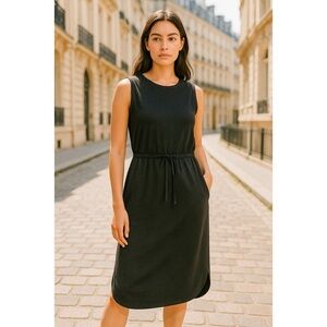 Eileen Fisher Petite Black Tencel Midi Dress Drawstring Waist Sleeveless PM